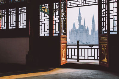 Buildings seen through window