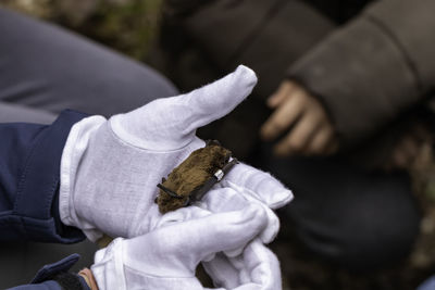 Close-up of man holding leaf