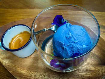 High angle view of ice cream in bowl on table