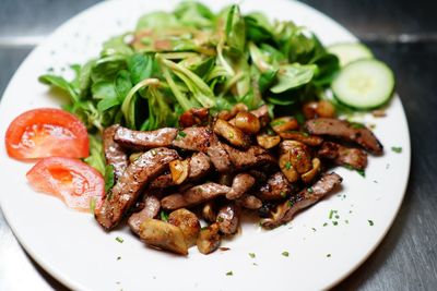 High angle view of food in plate on table