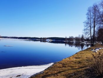 Scenic view of lake against clear blue sky