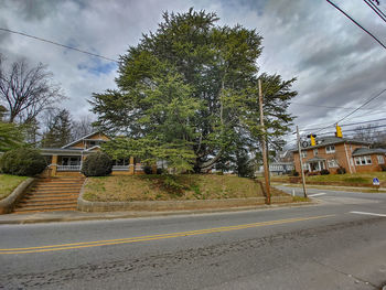 Road by trees and buildings against sky