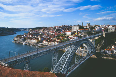 High angle view of bridge over river amidst buildings in city