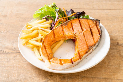 High angle view of food in plate on table