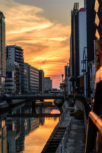 Reflection of buildings in city during sunset