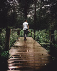 Rear view of man walking on footpath in forest