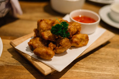 Close-up of served food on table