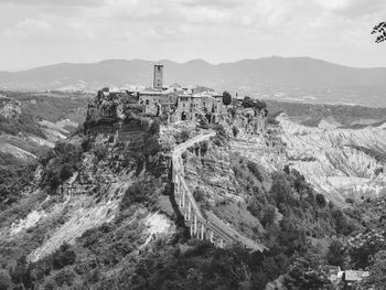 Civita di bagnoregio. ancient town or hilltop medieval village. black and white photography.