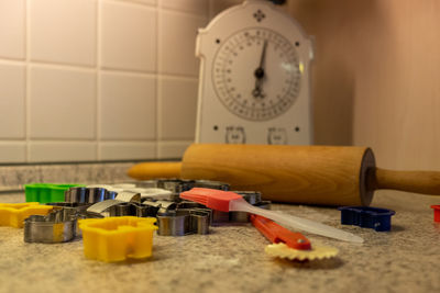 Close-up of yellow toys on table at home