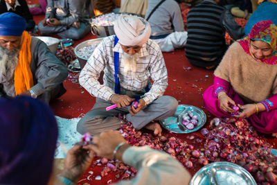 High angle view of people at market