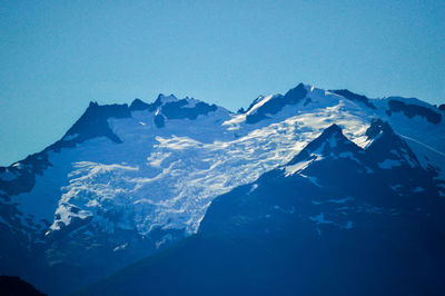 Scenic view of snowcapped mountains against clear blue sky