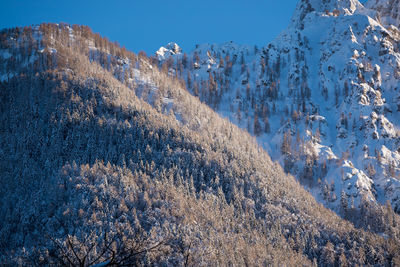 Scenic view of snowcapped mountains against clear sky