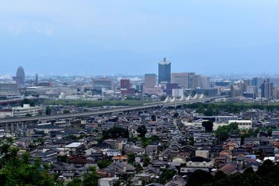 High angle view of buildings in city