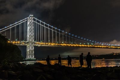 Bridge over river against sky at night