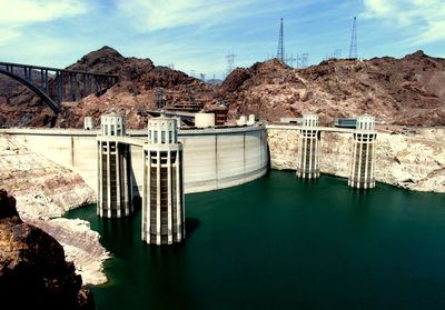 High angle view of dam against sky