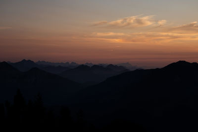 Scenic view of silhouette mountains against sky at sunset