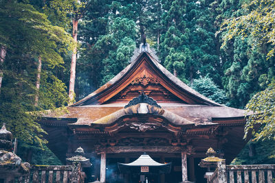 Low angle view of building amidst trees in forest