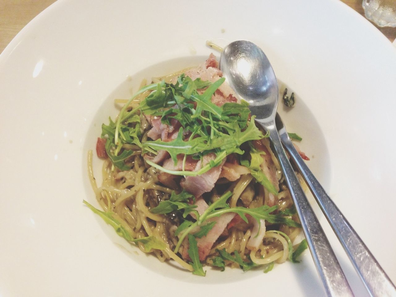 food and drink, indoors, food, plate, healthy eating, freshness, ready-to-eat, still life, bowl, table, high angle view, serving size, meal, spoon, close-up, directly above, seafood, soup, noodles, fork