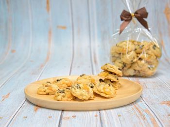High angle view of cookies in plate on table