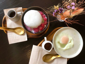 High angle view of breakfast on table