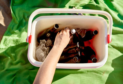 Top view of anonymous female taking bottle of beer from ice box during picnic on sunny summer day