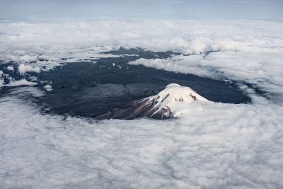 Aerial view of snowcapped landscape against sky