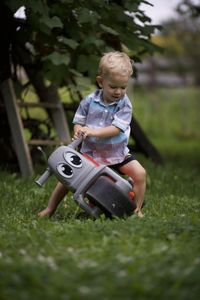 Portrait of boy playing with lawn