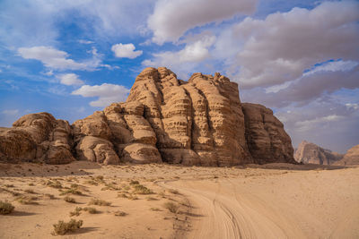 Red mountains of the canyon of wadi rum desert in jordan.