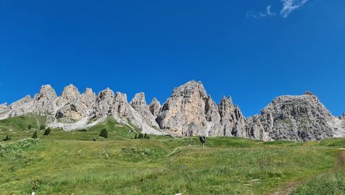 Panoramic view of landscape and mountains against clear blue sky