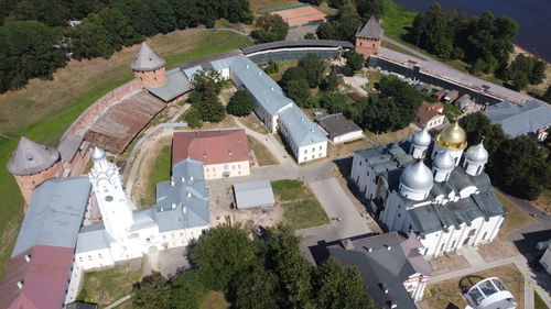 High angle view of buildings in town