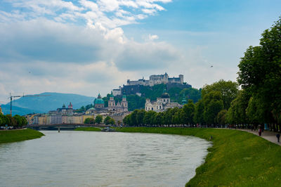 Scenic view of river by buildings against sky