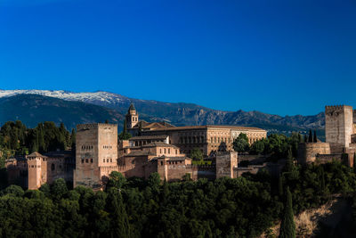 Panoramic view of buildings against blue sky