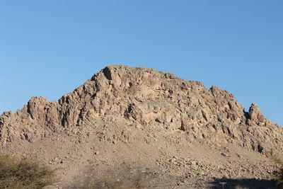 Low angle view of mountain against clear blue sky