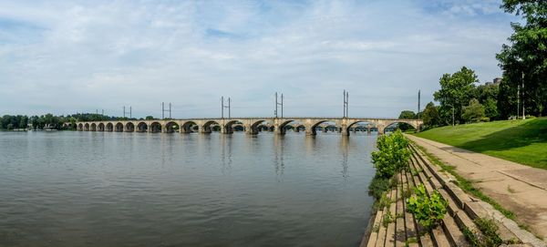 View of bridge over river against cloudy sky