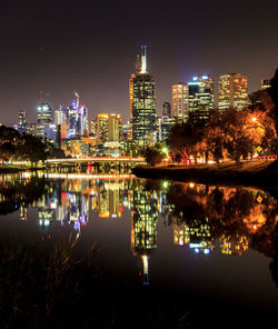 Reflection of illuminated buildings in city at night