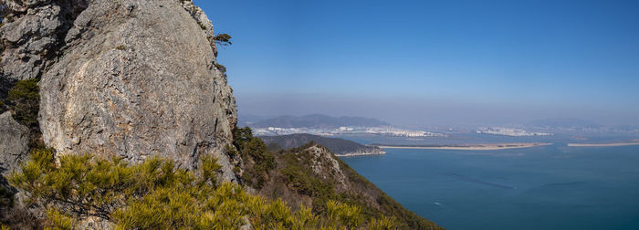 Scenic view of sea against clear blue sky