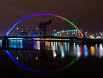 Reflection of bridge and building in water at night