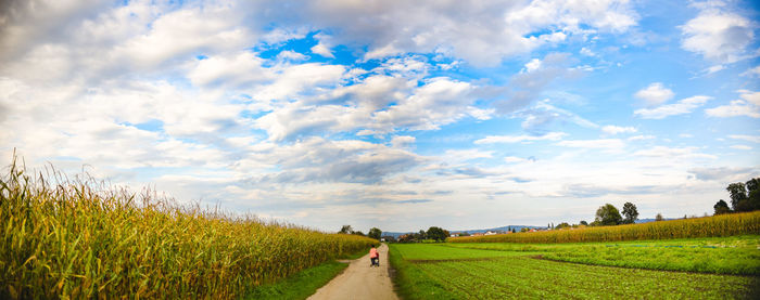 Rear view of woman walking on dirt road in farm against sky