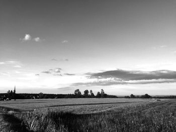 Scenic view of grassy field against sky