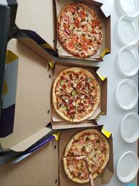 High angle view of pizza on table