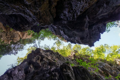 Low angle view of rock formation in water