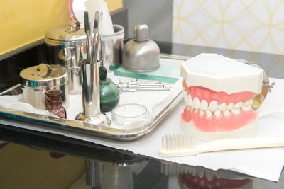 High angle view of dental equipment in clinic