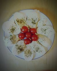 Directly above shot of cherries in plate