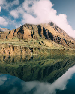 Scenic view of calm lake by mountains against sky