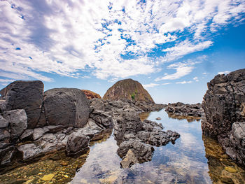 Rock formations by sea against sky