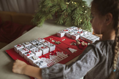 Rear view of woman holding christmas tree