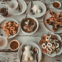 High angle view of food served on table