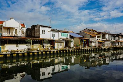 Reflection of buildings in lake against sky