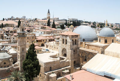 High angle view of cityscape against clear sky