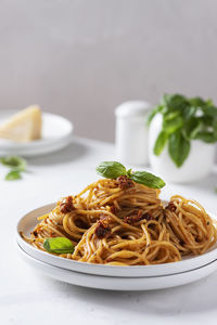 Close-up of noodles in bowl on table